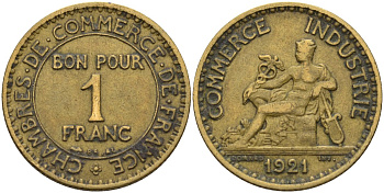 Франция 1 франк 1921 KM 876, Le Franc 218.5 алюминиевая бронза 4142-614