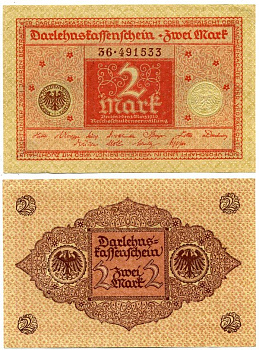 ГЕРМАНИЯ 2 МАРКИ 1920 1 МАРТА 1920, ВЕЙМАРСКАЯ РЕСПУБЛИКА, КРАСНАЯ, СЕРИЯ 36 Pick 59, Rosenberg 65b бумага 7523-1-2-2