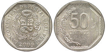 Перу 50 сентимо 2009 KM 307.4 медно-никель aUNC 4605-336