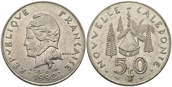 Французская Новая Каледония 50 франков 1992 хижина среди сосен и пальм, (IEOM) KM 13, Schoen 15, Lec 121 никель 111-546