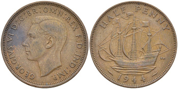 Великобритания 1/2 пенни 1944 Георг VI (1936-1952) KM 844, Spink 4115 бронза 51-4623