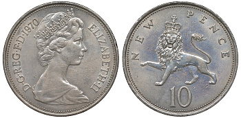 Великобритания 10 пенсов 1970 Елизавета II (1952-2022) KM 912, Spink 4231 (F1) медно-никель 4131-333