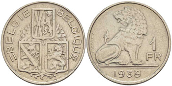 БЕЛЬГИЯ 1 ФРАНК 1939 BELGIE-BELGIQUE, ЛЕОПОЛЬД III (1934-1950) KM 120 никель 202-1132