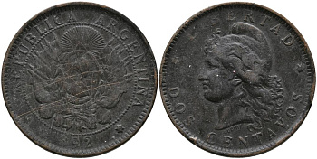Аргентина 2 сентаво 1892 голова свободы влево KM 8 бронза 4531-1121