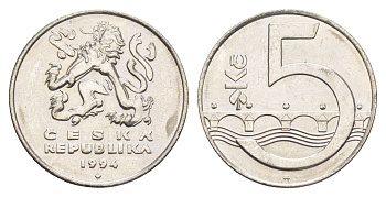 Чехия 5 крон 1994 чешский лев, Карлов мост KM 8 сталь плакированная никелем UNC 4652-1051