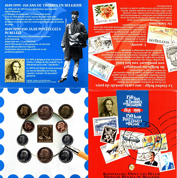 Бельгия годовой набор из 10 монет (50 сантмов; 1, 5, 20 и 50 франков) и жетон 1999 150 лет почте, в оригинальной упаковке KM MS12 (148.1, 149.1, 187, 188, 189, 190, 191, 192, 193 и 194) BU 8-2-05-48