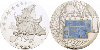 НИДЕРЛАНДЫ МЕДАЛЬ 2002 ПОХИЩЕНИЕ ЕВРОПЫ, КУПЮРА 20 ЕВРО ЕВРОПРОБА, СЕРЕБРЕНИЕ, ЦВЕТНАЯ ЭМАЛЬ, ДИАМЕТР 50 ММ. ВЕС 54 ГР. медно-никель PROOF 01-240-53
