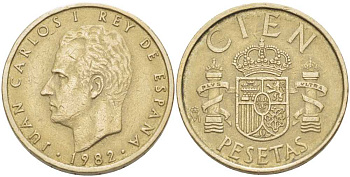 ИСПАНИЯ 100 ПЕСЕТ 1982 ХУАН КАРЛОС I (1975-) KM 826 алюминиевая бронза 180-1243