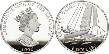 Багамские острова 2 доллара 1995 XXVI Олимпийские игры в Атланте, регата на катамаранах KM 183.2 серебро PROOF 01-167-35