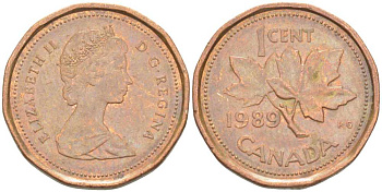 Канада 1 цент 1989 Елизавета II (1952-2022), кленовый лист KM 132 бронза 99-948