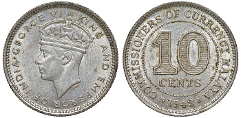 Британская Малайя 10 центов 1943 Георг VI (1937-1952) KM 4a серебро 53-241