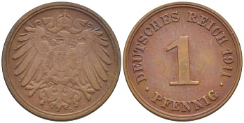 ГЕРМАНИЯ 1 ПФЕННИГ 1911 D KM 10, J. 10, Weege 2 медь 211-435
