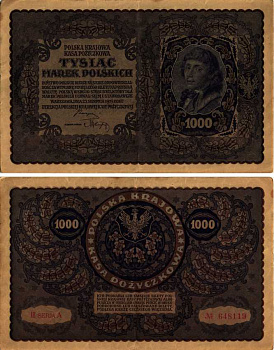 ПОЛЬША 1000 МАРОК 1919 23 АВГУСТА 1919, ТРЕТИЙ ВЫПУСК, ПОРТРЕТ КОСТЮШКО Pick 29 бумага VF-XF 8607-31-1