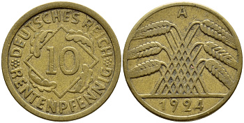 ГЕРМАНИЯ 10 РЕНТЕНПФЕННИГОВ 1924 A KM 33, J. 309, Weege 8 алюминиевая бронза 4397-631