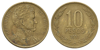 Чили 10 песо 1991 KM 228 никель латунь 4155-145