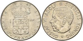 Швеция 1 крона 1967 U, Густав VI Адольф (1950-1973) KM 826 серебро 4150-232