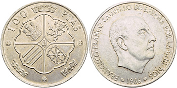 Испания 100 песет 1966 (67) Франсиско Франко (1939-1975) KM 797 серебро 1519-134