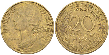ФРАНЦИЯ 20 САНТИМОВ 1967 ТИП MARIANNE KM 930, Le Franc 156.7 медь алюминий никель 4513-116