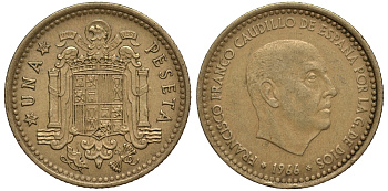 ИСПАНИЯ 1 ПЕСЕТА 1966 (70) ФРАНСИСКО ФРАНКО ДИКТАТОР ИСПАНИИ (1939-1975) KM 796 алюминиевая бронза 4182-241