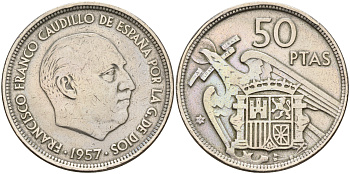 Испания 50 песет 1957 (58) Франсиско Франко (1939-1975) KM 788 медно-никель    4144-233