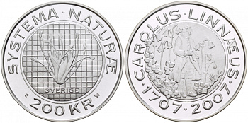 Швеция 200 крон 2007 Карл XVI Густав (1973- ), 300 лет со дня рождения Карлу Линнею KM 923 серебро UNC 00-000-00