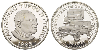Тонга 1 паанга 1985 100 лет автоиндустрии, Range Rover и Land Rover KM 87a серебро PROOF 1091-8-32