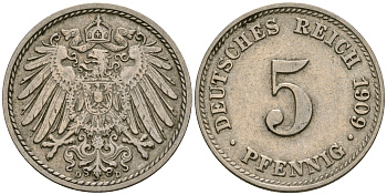 Германия 5 пфеннигов 1909 D, KM 11, J. 12 медно-никель 4608-862