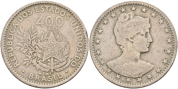 Бразилия 400 рейс 1901 голова свободы вправо KM 505 медно-никель 4367-214