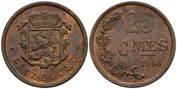 Люксембург 25 сантимов 1946 Шарлотта (1918-1964) KM 45 бронза 4532-314