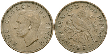 Новая Зеландия 1 пенни 1951 Георг VI (1936-1952), новозеландский туи KM 21 бронза 4536-421