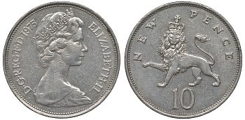 Великобритания 10 пенсов 1975 Елизавета II (1952-2022) KM 912, Spink 4231 (F1) медно-никель 4131-341
