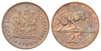 ЮАР 2 цента 1980 герб, антилопа гну KM 83 бронза UNC 4695-1044