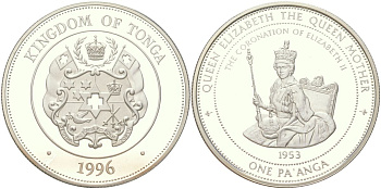 Тонга 1 паанга 1996 Коронация Королевы Елизаветы II - 1953 KM?177 серебро PROOF 01-235-35