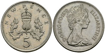 Великобритания 5 пенсов 1978 Елизавета II (1952-2022) KM 911, Spink 4233 (D1) медно-никель 27-425