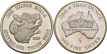 Австралия 1 ТРОЙСКАЯ УНЦИЯ 1989 ОДНА СЕРЕБРЯНАЯ КОАЛА, ТРОЙСКАЯ УНЦИЯ, МОНЕТНЫЙ ДВОР НОВОГО КВИНСЛЕНДА серебро PROOF 00-00