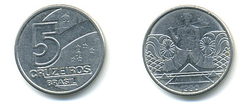 Бразилия 5 крузейро 1990 фермер KM 618.1 нержавеющая сталь aUNC 93-716