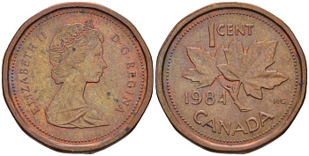 КАНАДА 1 ЦЕНТ 1984 КЛЕНОВЫЙ ЛИСТ, ЕЛИЗАВЕТА II KM 132 бронза 54-1065
