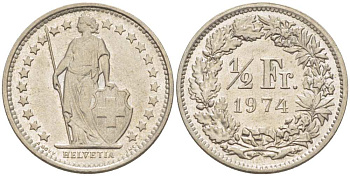 Швейцария 1/2 франка 1974 KM 23а.1 медно-никель aUNC 99-963