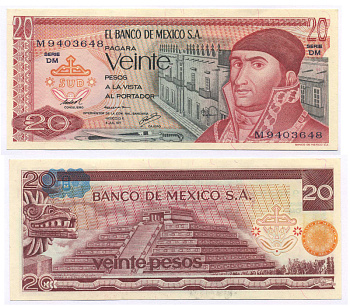 МЕКСИКА 20 ПЕСО 1977 Pick 64d бумага UNC (ПРЕСС) 8564-29-3-2