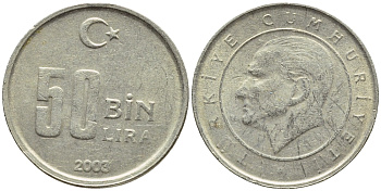 Турция 50000 лир 2003 Мустафа Кемаль Ататюрк KM 1105 медь никель цинк 4396-548