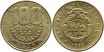Коста-Рика 100 колон 1999 B.C.C.R., год типа KM 230а.1 латунь 4680-424