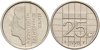 Нидерланды 25 центов 1998 Беатрикс (1980-2013) KM 204 никель    4598-326