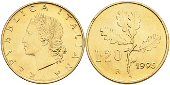 Италия 20 лир 1995 R, дубовый лист KM 97.2 алюминиевая бронза  UNC  4594-968
