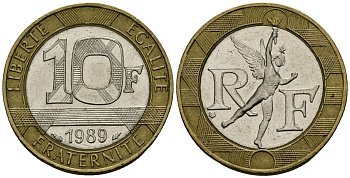 Франция 10 франков 1988 тип Гений Бастилии KM 964.1, Le Frank 375.2 биметалл 4135-533
