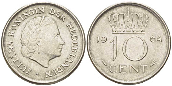 НИДЕРЛАНДЫ 10 ЦЕНТОВ 1964 ЮЛИАНА (1948-1980) KM 182 никель 214-1211