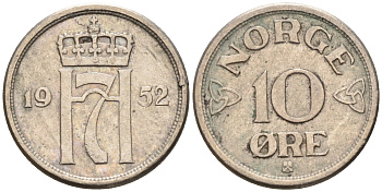 Норвегия 10 эре 1952  KM 396 медно-никель    4115-355