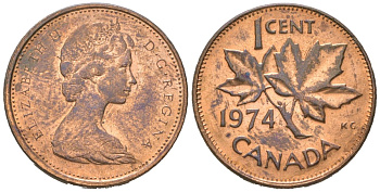 Канада 1 цент 1974 Елизавета II (1952-2022), кленовый лист KM 59.1 бронза aUNC 4594-1045