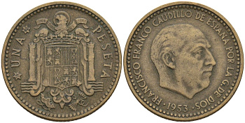 Испания 1 песета 1953 (62) Франсиско Франко (1939-1975) KM 775 алюминиевая бронза 3336-312