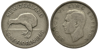 Новая Зеландия 1 флорин 1946 Георг VI (1936-1952), птичка киви KM 10.1 серебро 272-1633