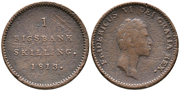 ДАНИЯ 1 РИГСБАНКСКИЛЛИНГ 1813 ФРBДЕРИК VI (1808-1839) KM 680 (C93) медь 32-332